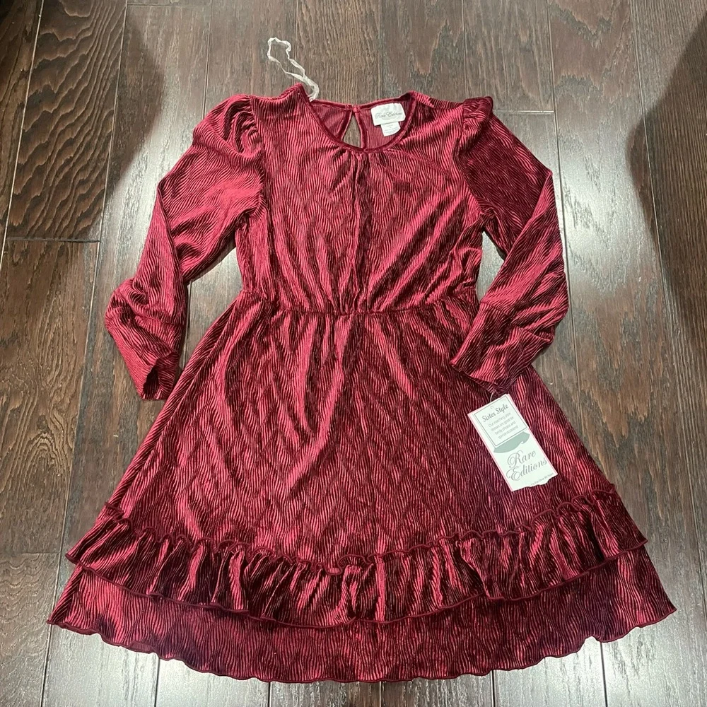 Rare Editions Textured Velvet Tiered Dress Girls Size 10 Burgundy Holiday NEW